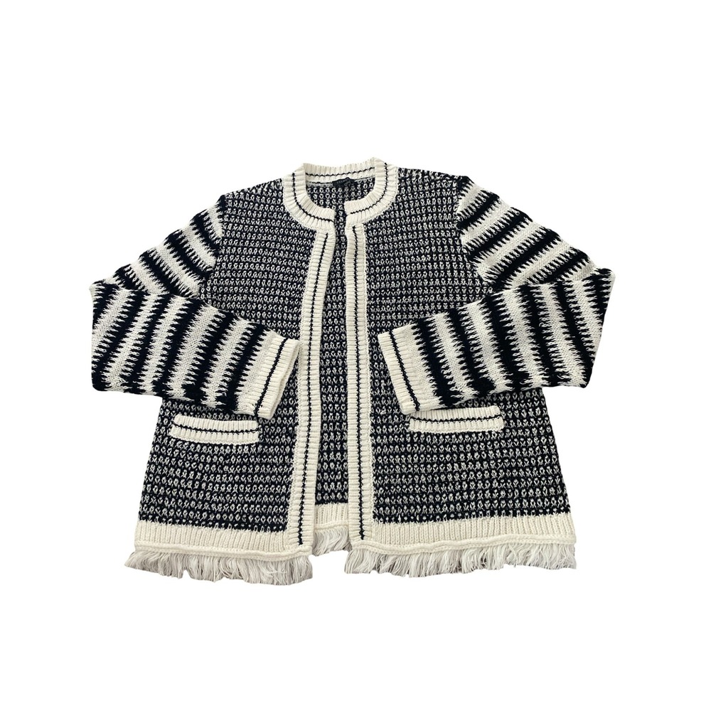 Talbots Women Medium Black Ivory Striped Fringe Open Front Cardigan Sweater boho